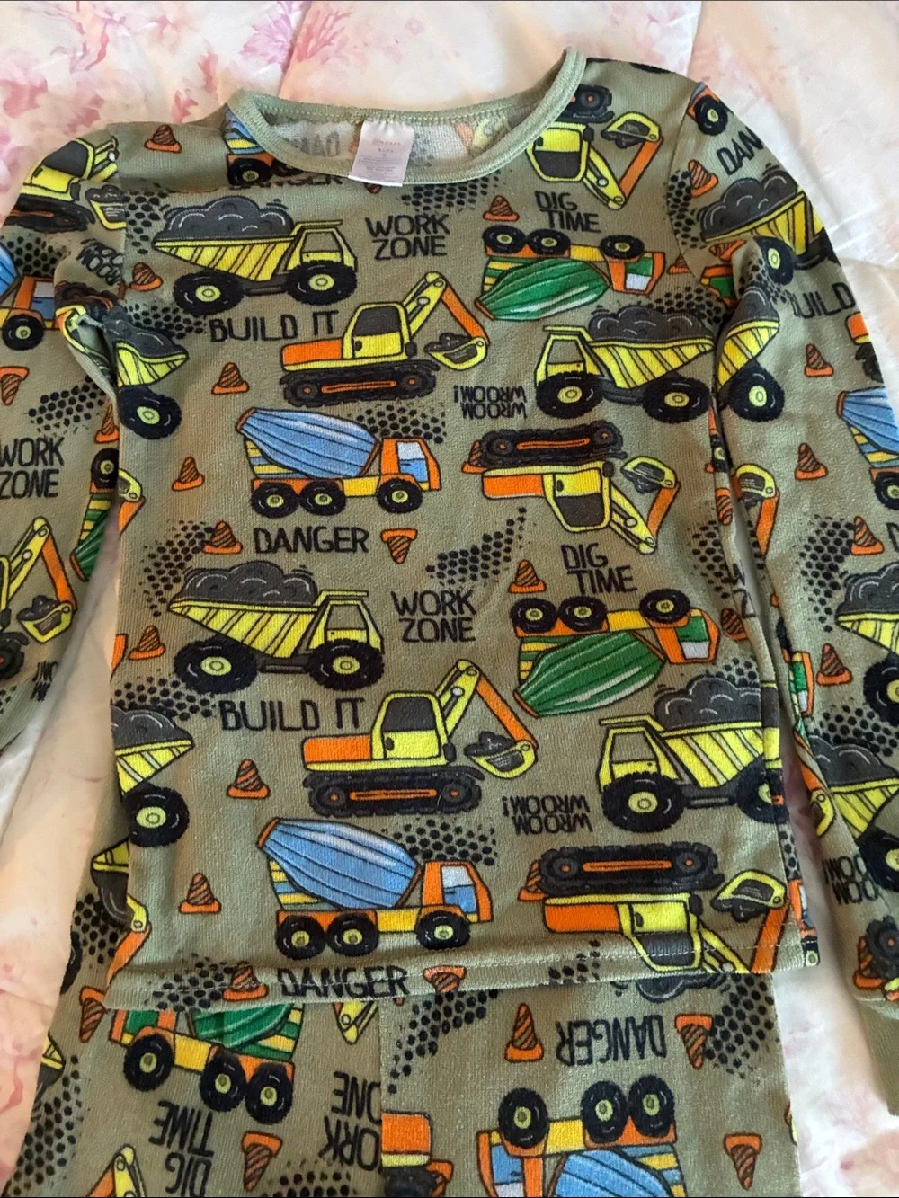 Olive Green Construction Vehicles Pajama Set